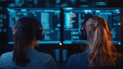 Multimedia creators integrating sound and visuals, dark immersive studio, vibrant screen displays, content creation, multimedia expertise