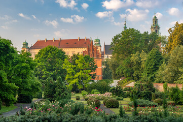 Wawel castle seen over the Archeological Museum garden in the morning, Krakow, Poland