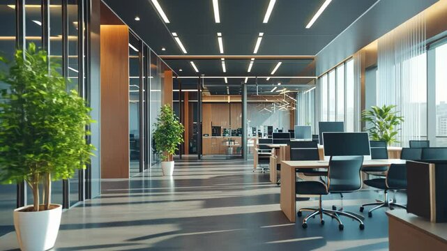 Modern office interior with wooden accents and plants, designed for productivity and collaboration.