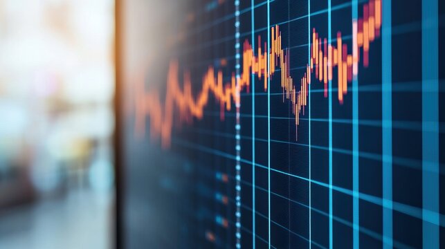 A digital graph displays fluctuating market trends, with vibrant orange lines indicating price movements against a grid background.