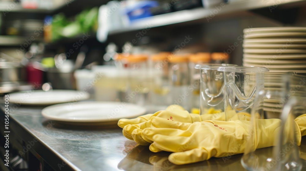 Poster a set of gloves and safety goggles p on a table ready for use during food experiments.