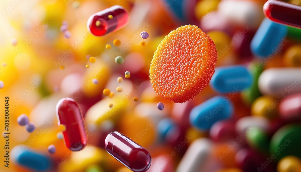 Poster a vibrant array of colorful pills and capsules displayed against a soft background, symbolizing heal