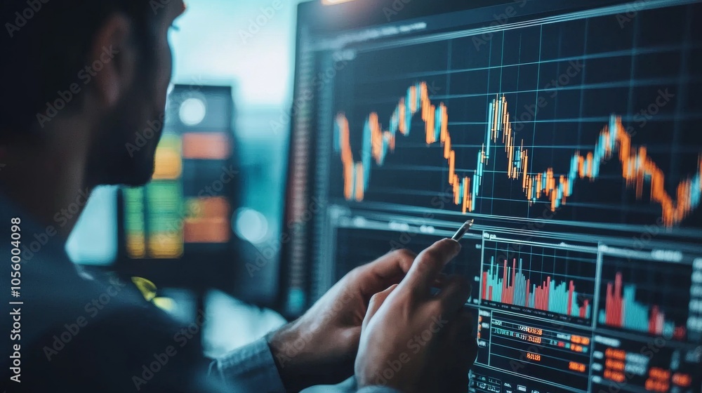 Poster man analyzing stock market charts on a computer screen