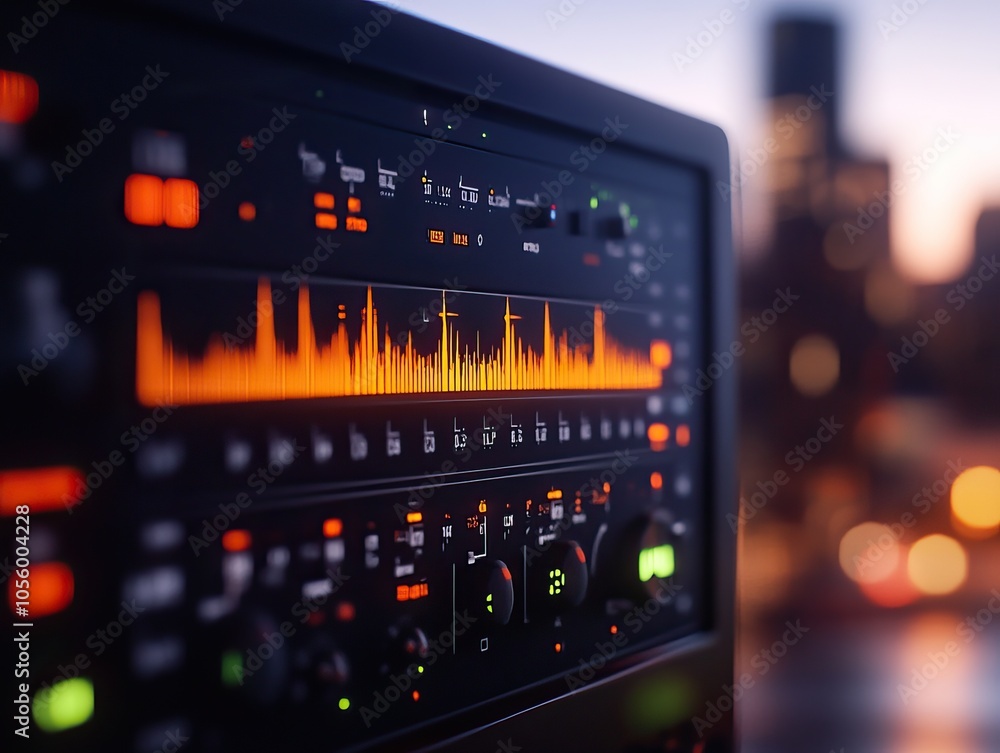Poster a close-up of an audio mixing device displaying sound waves, illuminated controls, and a vibrant cit
