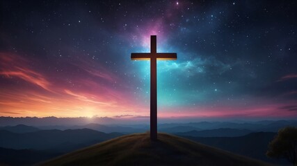 Watercolor painting of cross under the starry night sky