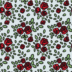 Seamless pattern with beautiful vintage red rose and decorative green leaf silhouette. Wallpaper with red rose flower in old antique style on blue background. Vector stock illustration.