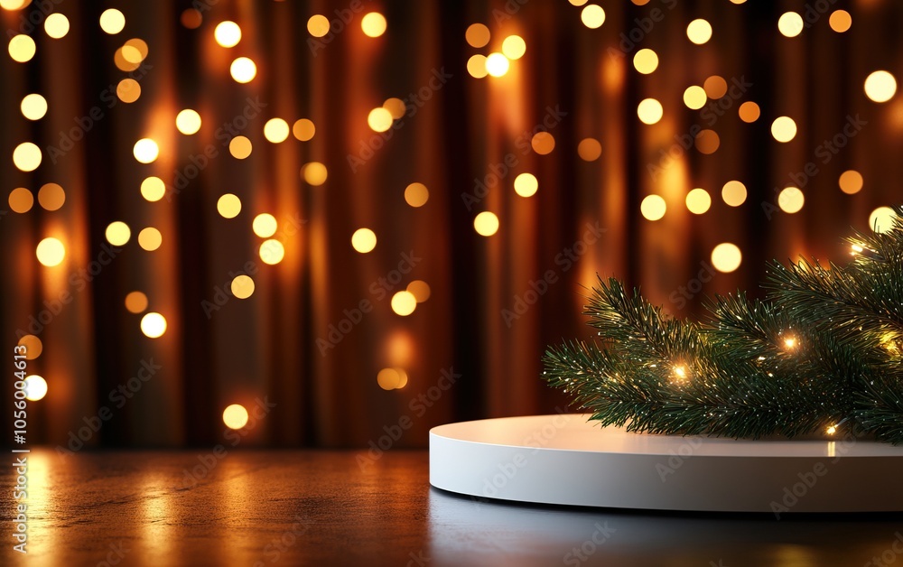 Poster a serene, festive scene featuring warm bokeh lights in the background and a sprig of greenery on a c