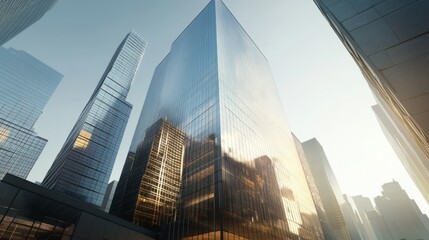 Fototapeta premium A city skyline with a large glass building in the middle