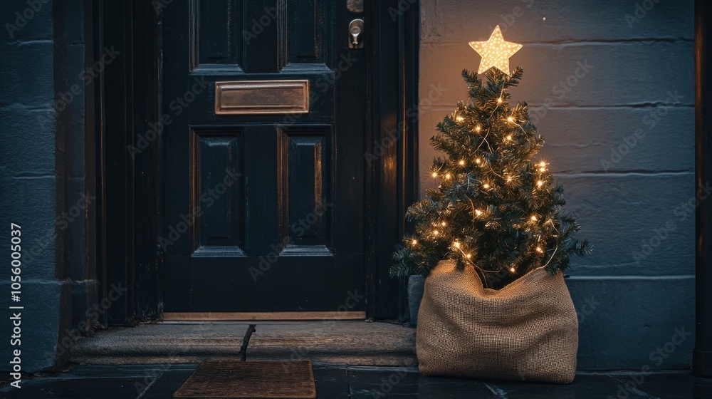 Poster a small christmas tree is lit up and placed in front of a black door