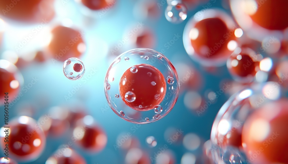 Poster the image showcases a close-up view of spherical cells, depicting intricate details with red centers
