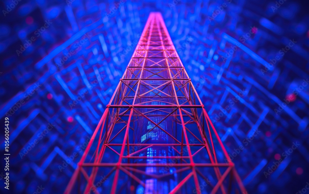 Poster a visually striking image of a tower illuminated by vibrant pink and blue lights, creating a futuris