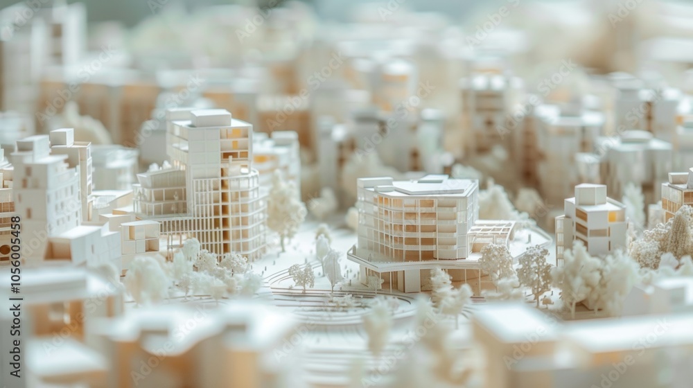 Poster an intricate model of a mixeduse development with various individual units and public spaces clearly