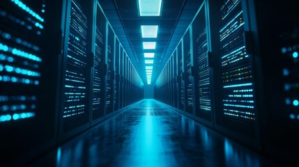 Fototapeta premium Brightly lit data servers in a futuristic hallway