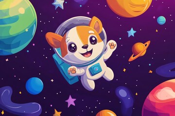 Fototapeta premium Cartoon illustration of a dog astronaut exploring colorful planets and stars in outer space