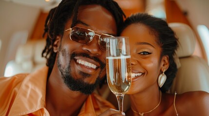 A young couple smiles for a photo while celebrating with champagne on a private jet.