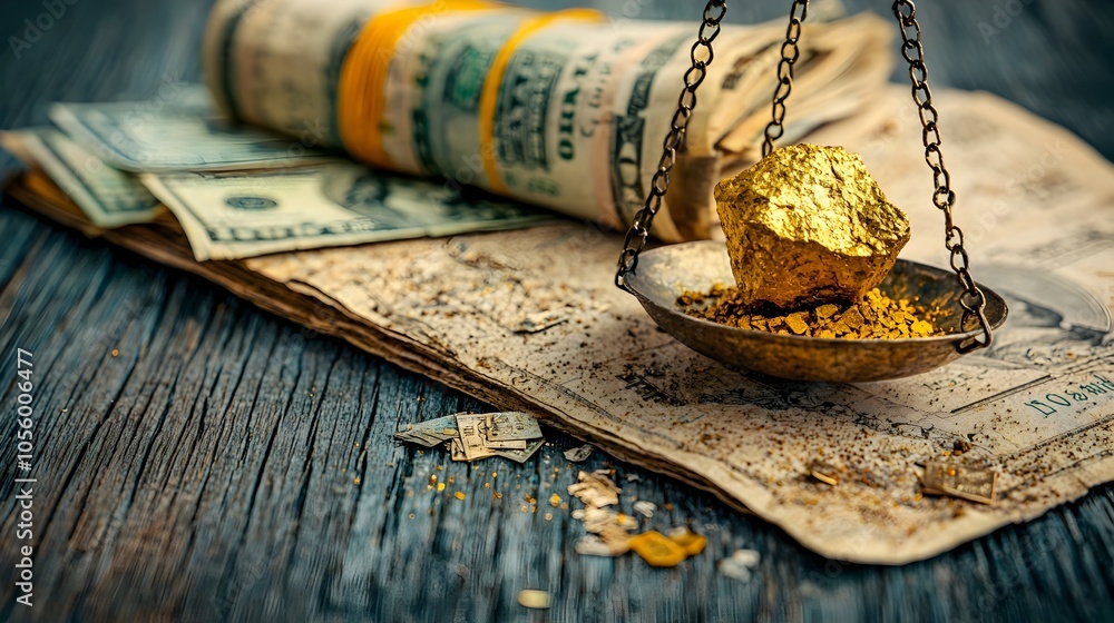 Poster scales of justice balancing a golden nugget against a bundle of foreign currencies representing the 