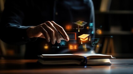 A hand interacts with digital education symbols above an open book, symbolizing learning.