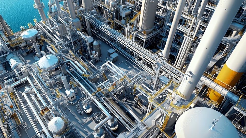 Poster Sophisticated industrial control system with 3D visualization of extensive oil and gas pipeline network on a large digital display screen in a refinery control room or center