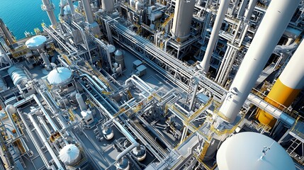 Sophisticated industrial control system with 3D visualization of extensive oil and gas pipeline network on a large digital display screen in a refinery control room or center