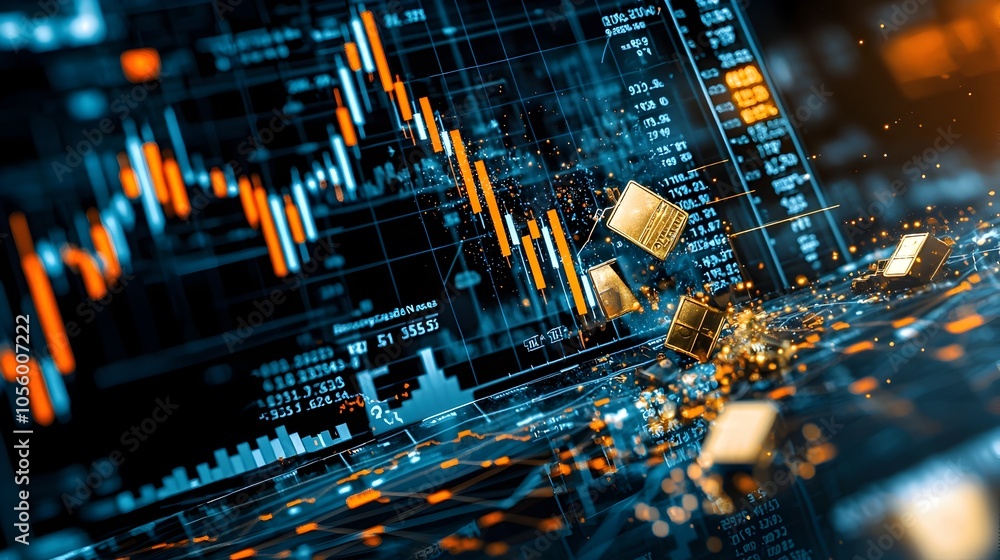Poster Surging Gold Currency Exchange Rate Soars Up While Digital Currency Line Plummets Down on Advanced Financial Analytics Data Display Chart