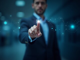 A Businessman Interacts With a Digital Interface in a Modern Office Environment During the Evening Hours