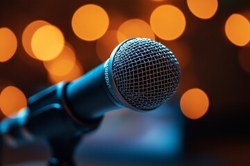 Obraz premium A close up of a microphone with warm bokeh lights in the background, creating a cozy ambiance