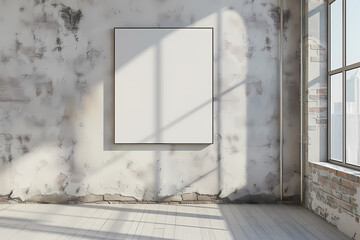 A minimalist art gallery with a blank canvas on an industrial-style wall, illuminated by soft sunlight through large windows.