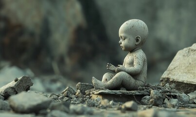 Obraz premium A weathered doll sits on rubble.