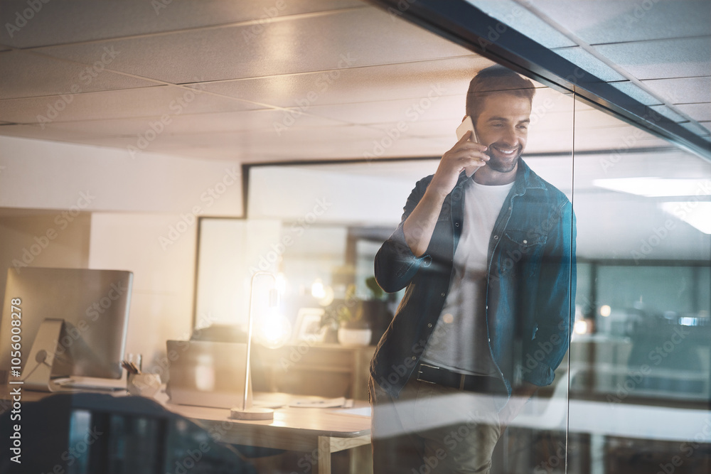 Poster man, phone call and smile at night at startup with overtime, update and good news with progress in o