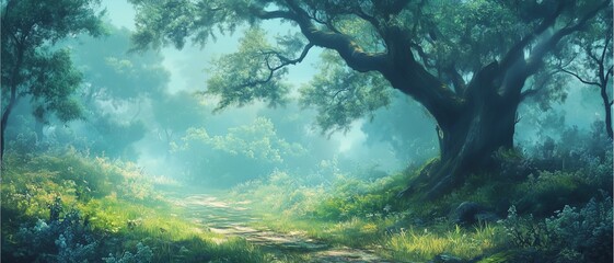 Landscapes heath greenery tree-lined path with low-hanging branches, light mist in the air, very natural colors and tones.
