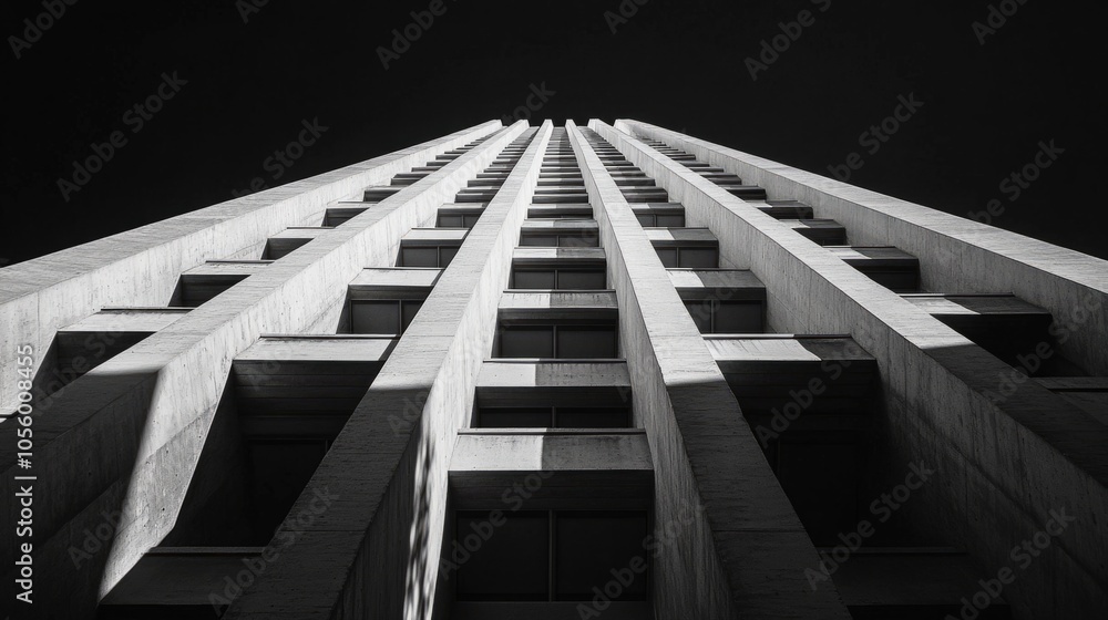 Poster A tall building with a lot of windows and a shadow on the side