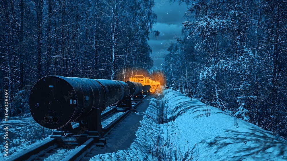 Leinwandbilder thermal image of insulated oil pipeline transporting fluid through a frozen snowy forest landscape d