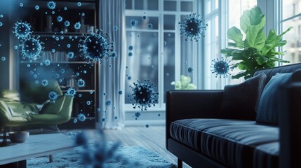 A living room with a couch and chair, with a  blurry representation of microscopic particles floating in the air.