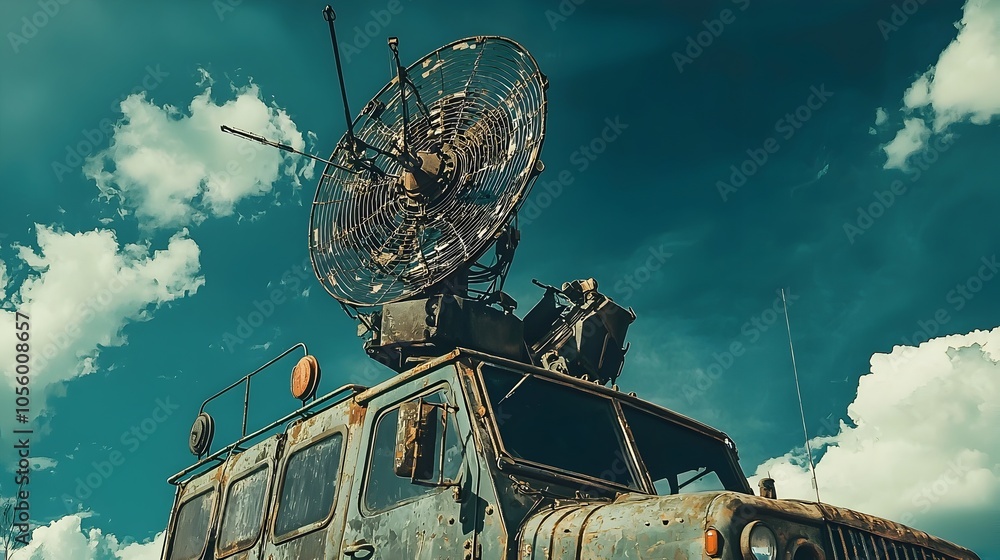 Poster this image showcases a closeup view of an advanced radar system mounted on top of a military vehicle