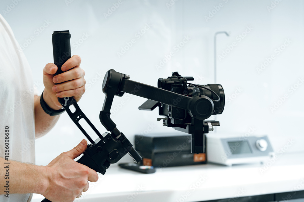 Poster a person operates a handheld gimbal stabilizer with a camera in a modern studio setting during a day