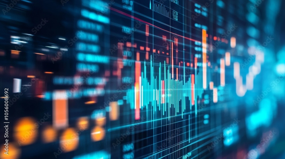 Poster financial market data chart with glowing graphs and digital data