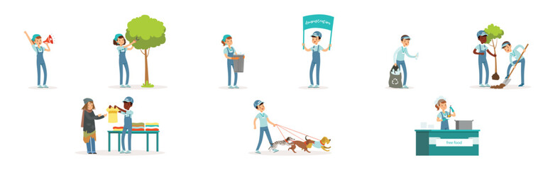 People Volunteer Character Engaged in Social Work Vector Set