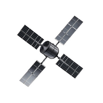 Classic geostationary satellite with parabolic antenna and extended solar panels isolated on a transparent background 