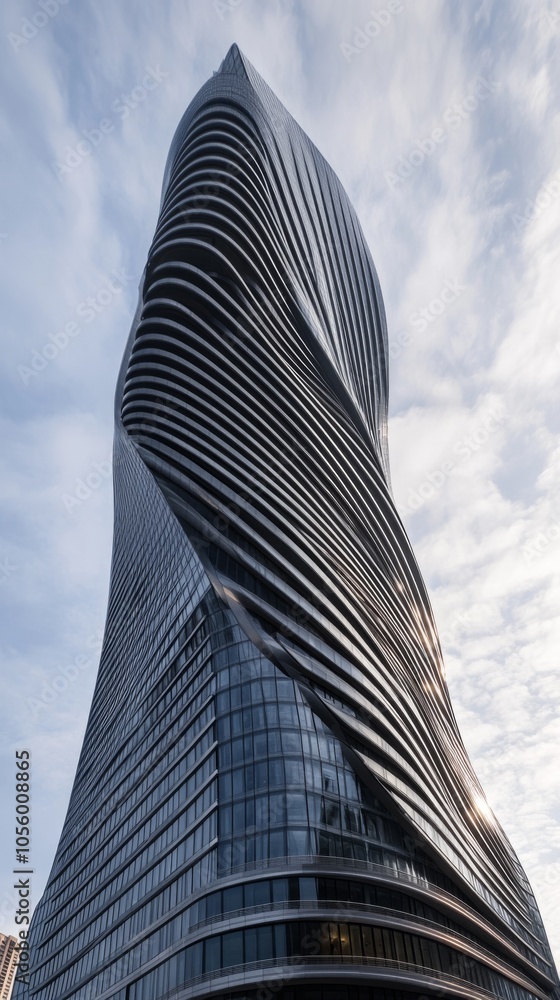 Poster a tall building with a spiral design