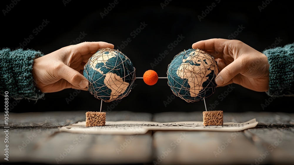 Aufkleber Two globes with magnetic poles reversed attracting and repelling each other like magnets serving as a visual metaphor for the interconnectedness and tensions within our world