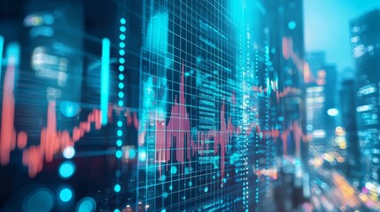 Cityscape and financial graphs overlaying digital screens