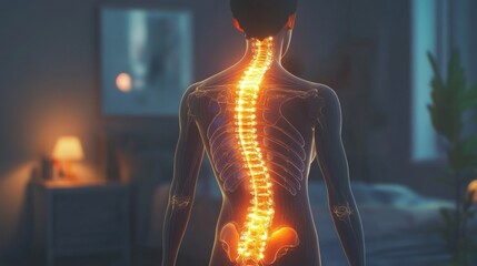A digital illustration features a glowing human spine highlighted against a dark bedroom setting.