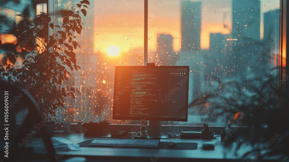 Aufkleber computer screen displaying code in a modern office during sunset