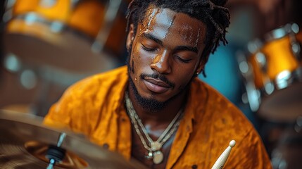 A young Black man with dreadlocks plays the drums with passion, his eyes closed in concentration as he focuses on the music.
