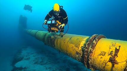 Underwater drone footage showcasing the inspection of an undersea oil and gas pipeline for signs of corrosion damage and overall structural integrity