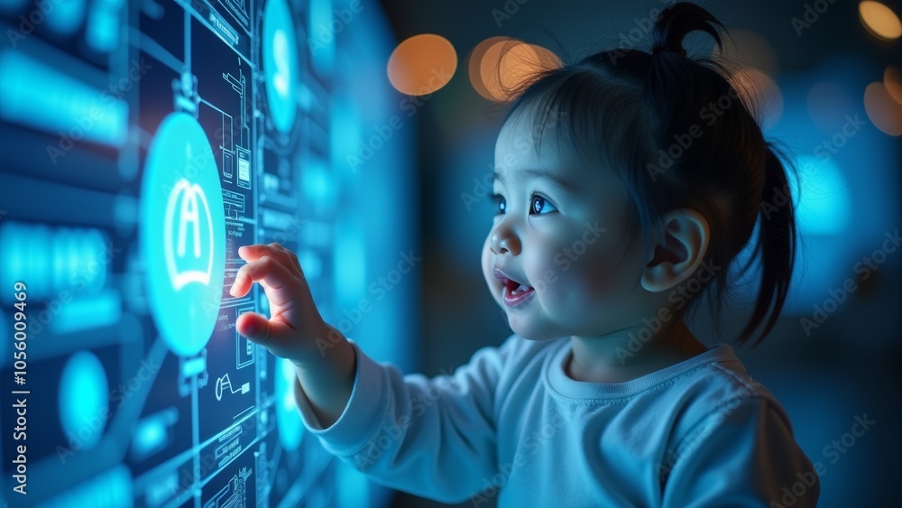 Poster curious child exploring interactive technology at a vibrant display in a modern exhibition center du