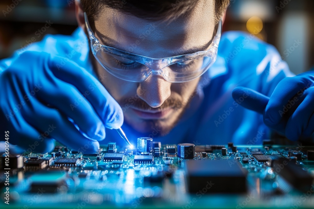 Poster engineer testing electronic circuit boards with precision tools for quality control and verification
