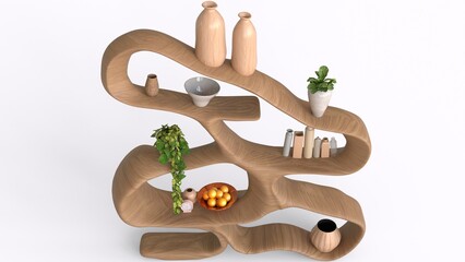 organic wood bookcase with blue background © Masihullah