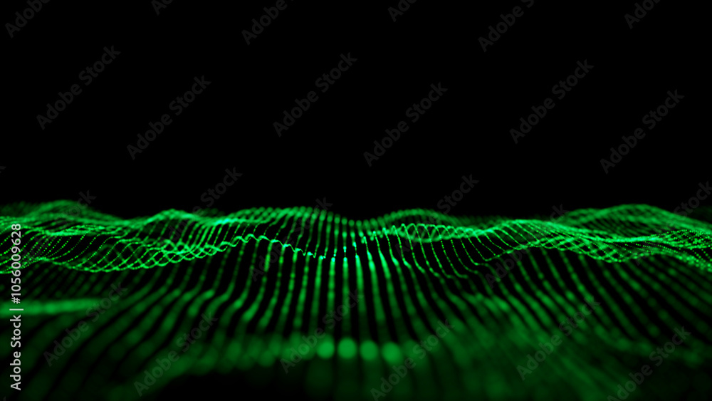 Fototapete Green wave of particles and lines. Big data visualization. Abstract background with a dynamic wave. 3d rendering.