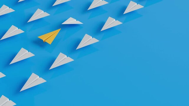 Going Against the Crowd Concept &ndash; Single Paper Plane Flying Opposite to Group of Paper Planes Animation